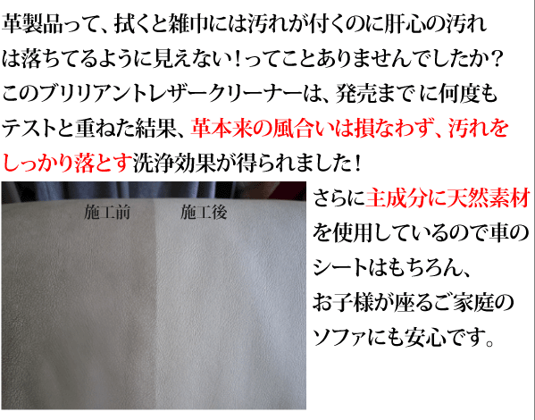 例えば車のシートの場合、いままでシートを拭くと雑巾には汚れが付くのに肝心のシートの汚れは全く落ちていないということが多々ありました。このブリリアントレザークリーナーは発売までに何度もテストを重ねた結果、革本来の風合いは損なわず、汚れをしっかり落とす洗浄効果が得られました。さらに主成分に天然素材を使用しているので車のシートはもちろん、お子様が座るご家庭のソファにも安心です。