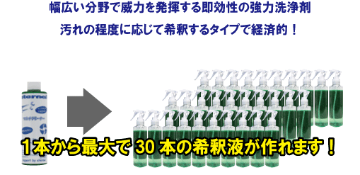 マイエターナル　マルチクリーナー　幅広い分野で威力を発揮する即効性の強力洗浄剤。汚れの程度に応じて希釈するタイプで経済的！約30倍に薄めれば１本あたり86円